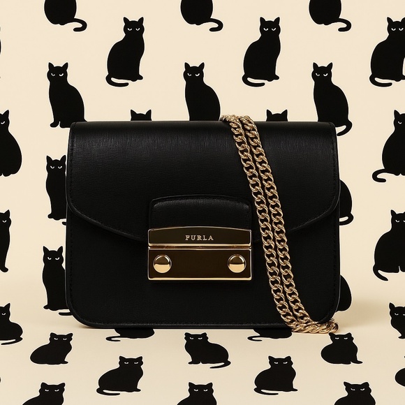 FURLA Onyx Black Saffiano Leather Mini Julia Chain Convertible Bag with Key Bell